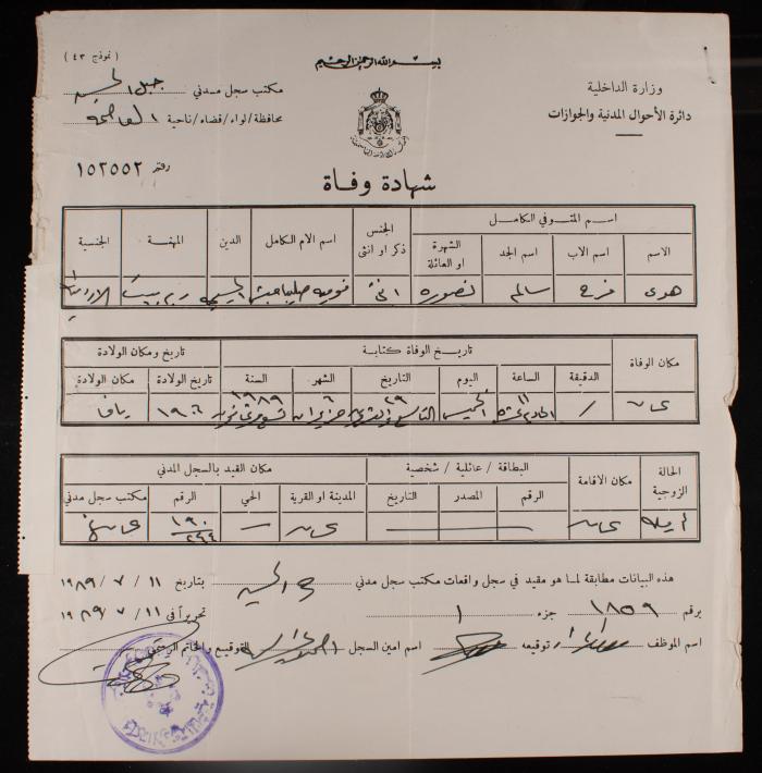 شهادة وفاة باسم هدى نصورة، عمان، 1989