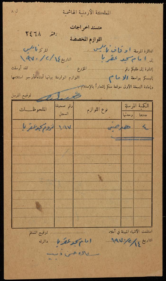 Document of Outputs from the Nablus Endowment to the Imam of Aqraba Mosque, 14 February 1970