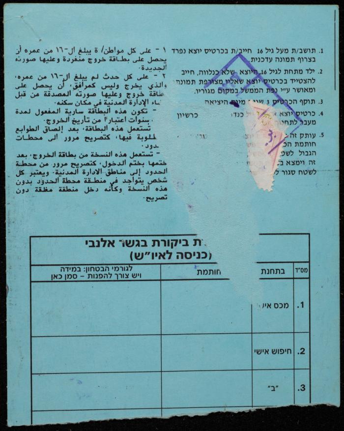 Entry and Exit Card from the Allenby Bridge for Sa'adeh Bani Fadl, September 1994