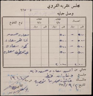وصل جباية من مجلس عقربا القروي لسعادة ذيب، 4 أيلول 1966