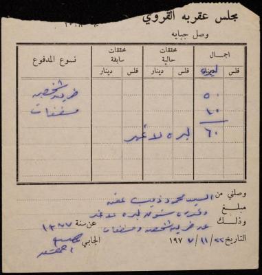 وصل جباية من مجلس عقربا القروي لمحمود عفن، 22 تشرين الثاني 1977