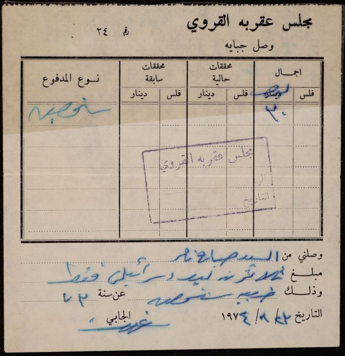 وصل جباية من مجلس عقربا القروي لصباح ناصر، 23 آب 1974