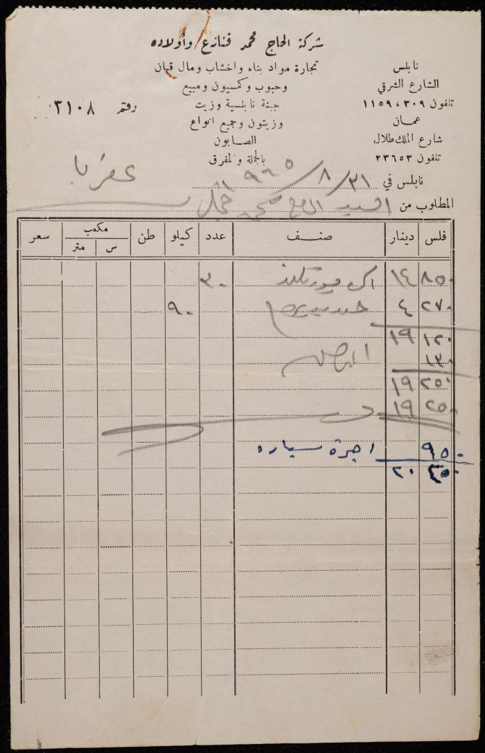 فاتورة من شركة محمد قنازع لمحمد حجل، نابلس، 31 آب 1965