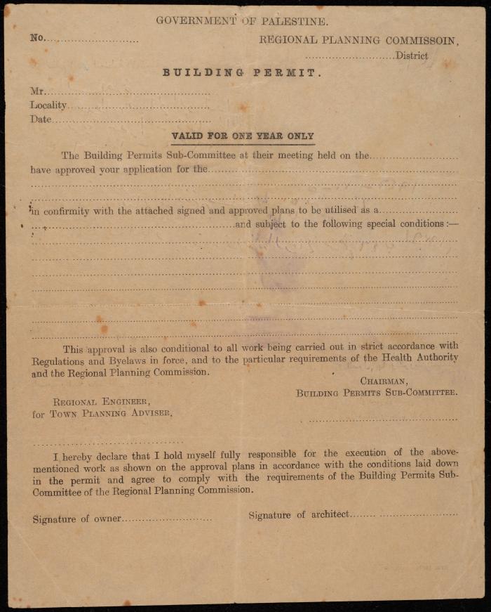 A Receipt and Building Permit for Sitan abu Laqaya, Aqraba, 31 October 1946