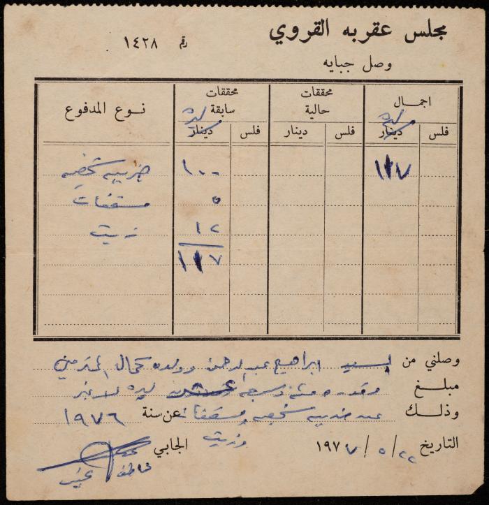 وصل جباية من مجلس عقربا القروي لإبراهيم عبد الرحمن وابنه، 22 أيار 1977