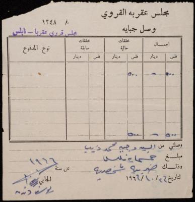 وصل جباية من مجلس عقربا القروي لوجيه ذيب، 26 تشرين الأول 1966