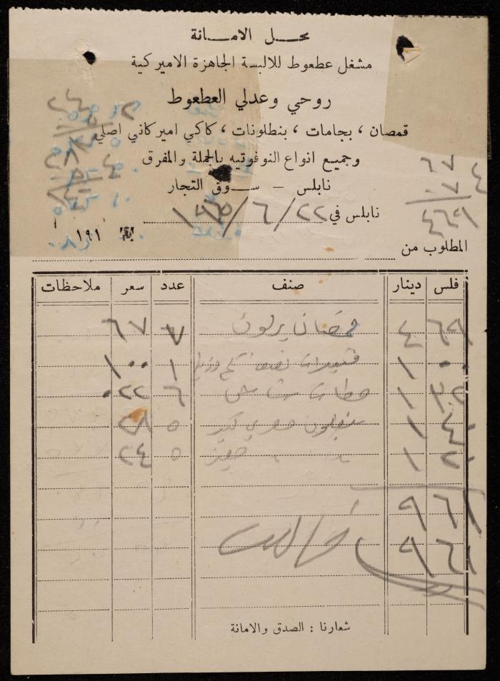 فاتورة صادرة عن محل الأمانة، نابلس، 22 حزيران 1965