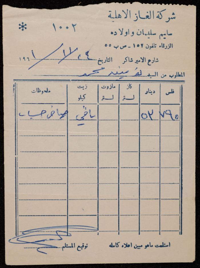 فاتورة من شركة الغاز الأهلية لتوفيق محمد، الزرقاء، 24 تشرين الثاني 1961