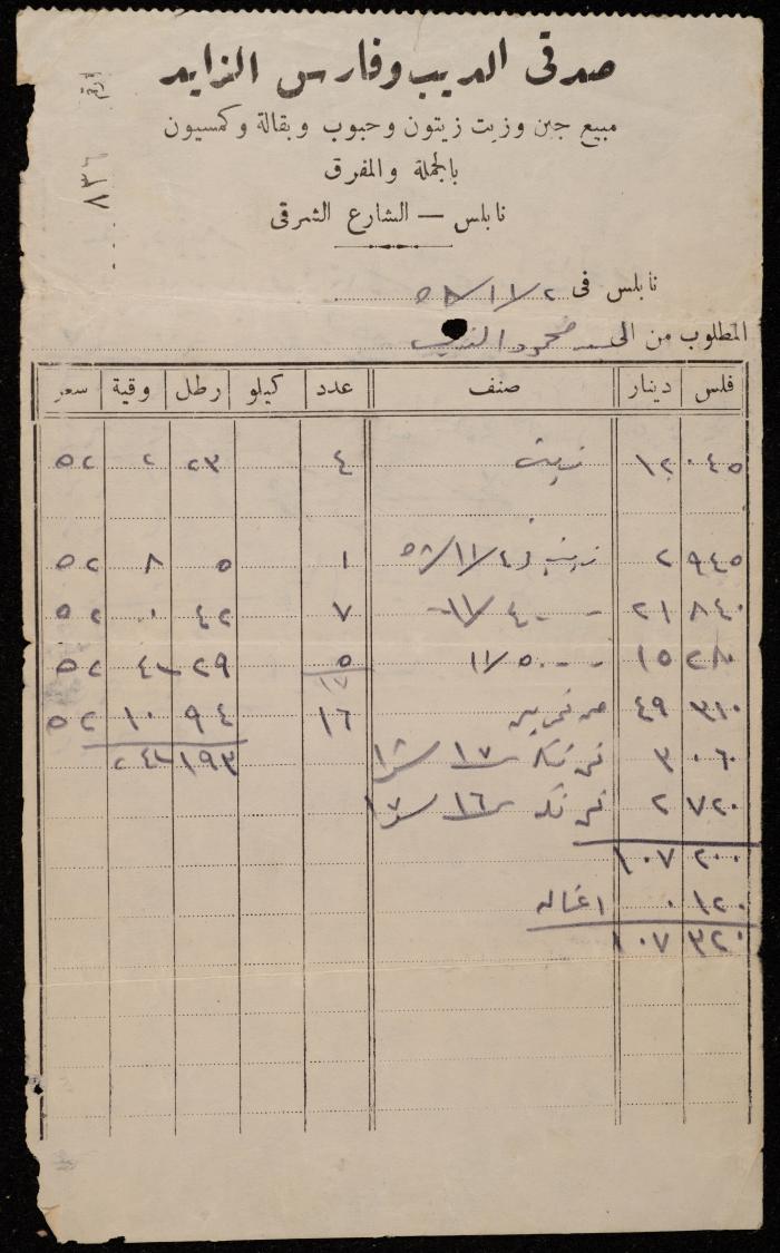 فاتورة من محلات صدقي الديب وفارس الزايد لمحمود الذيب، نابلس، 2 تشرين الثاني 1958