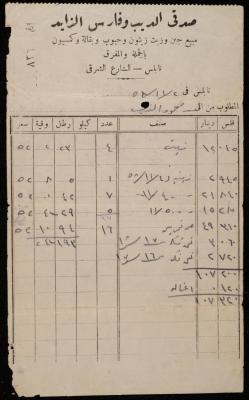فاتورة من محلات صدقي الديب وفارس الزايد لمحمود الذيب، نابلس، 2 تشرين الثاني 1958