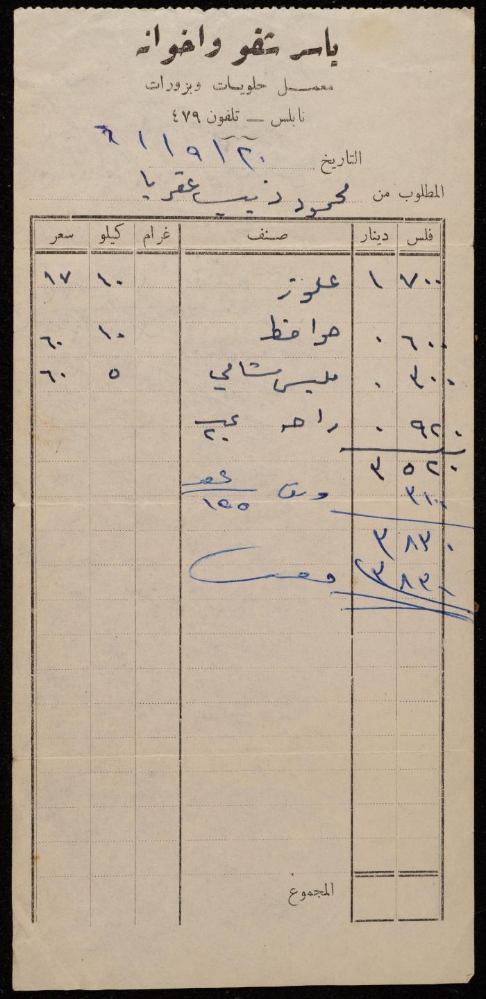 فاتورة من محلات ياسر شقو وإخوانه لمحمود ذيب، نابلس، 20 أيلول 1961
