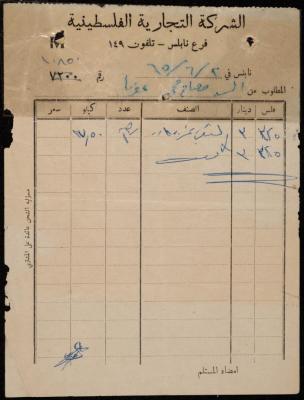 An Invoice from the Palestinian Commercial Company to Mesbah Mohammad, Nablus, 2 June 1965