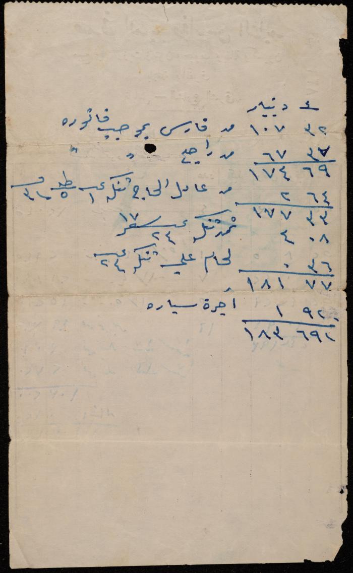 فاتورة من محلات صدقي الديب وفارس الزايد لمحمود الذيب، نابلس، 2 تشرين الثاني 1958
