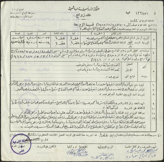 The Marriage Contract of Nawal Shehab and Rebhi abu Hadba, Aqraba, 6 November 1985