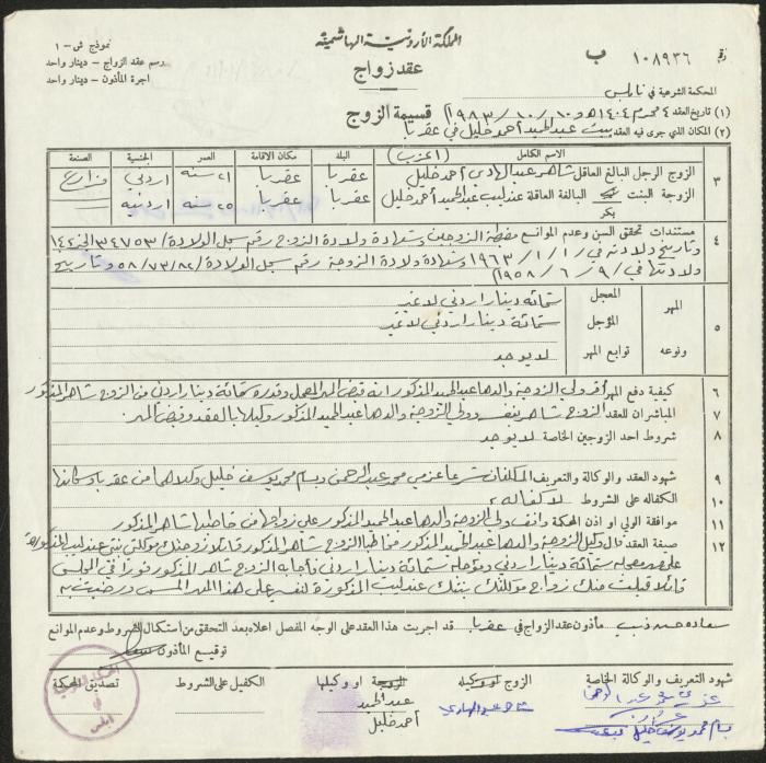 The Marriage Contract of Andaleeb Khalil and Shaher Khalil, Aqraba, 10 October 1983