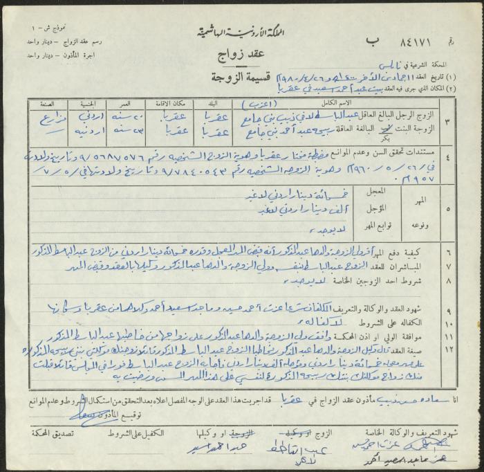 The Marriage Contract of Rabiha Bani Jame' and Abdel-Baset Bani Jame', Aqraba, 26 April 1980