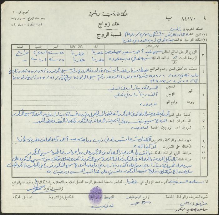 The Marriage Contract of Samiha Odeh and Samih Qassoos, Aqraba, 26 April 1980