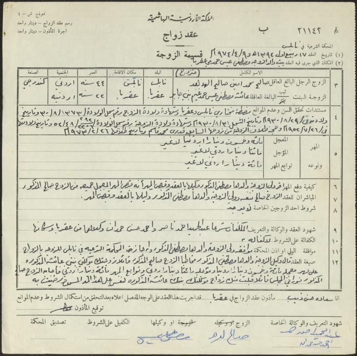 The Marriage Contract of Aysha Bani Jaber and Saleh al-Hudhud, Aqraba, 9 April 1974