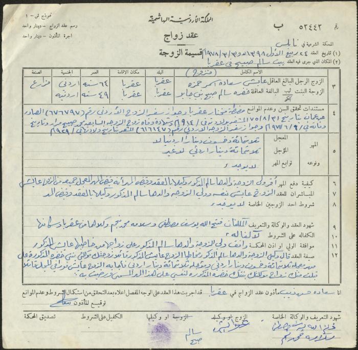 The Marriage Contract of Khadra Jaber and Ayesh Hamzeh, Aqraba, 3 March 1978