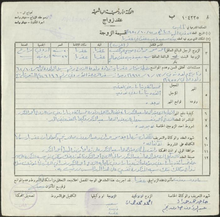 The Marriage Contract of Sumayya Saleh and Ahmad abu Kutub, Aqraba, 12 October 1982