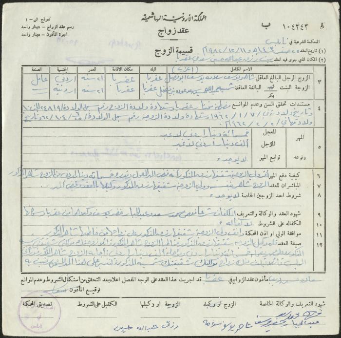 The Marriage Contract of Shamseyyeh Bani Fadel and Shaher abu Fadel, Aqraba, 11 December 1982