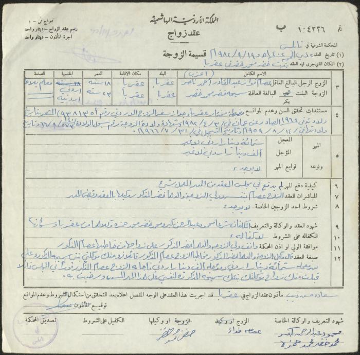 The Marriage Contract of Samiha Khader and Isam Nasir, Aqraba, 19 September 1982