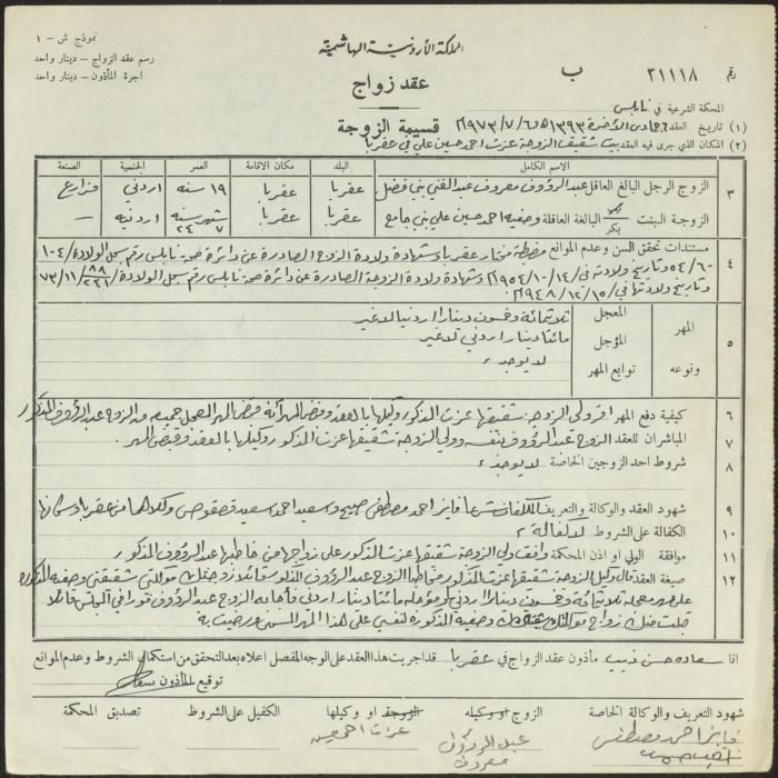 The Marriage Contract of Wasfeyyeh Bani Jame' and Abderra'ouf Bani Fadel, Aqraba, 6 July 1973