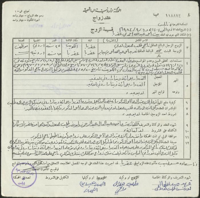 The Marriage Contract of Taghreed Bani Jaber and Najeh Lafi, Aqraba, 6 September 1984