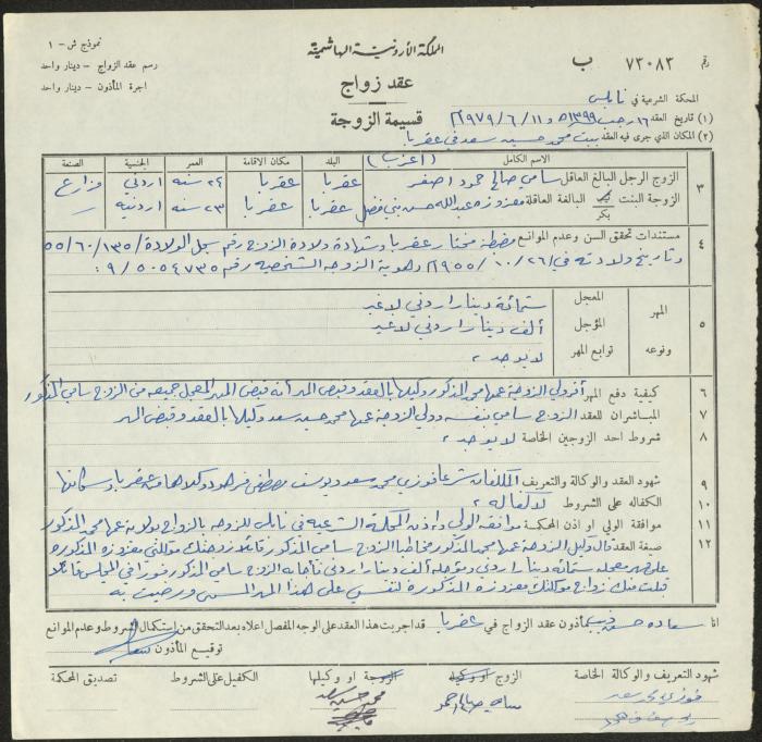 The Marriage Contract of Ma'zouzeh Bani Fadel and Sami Asfar, Aqraba, 11 June 1979