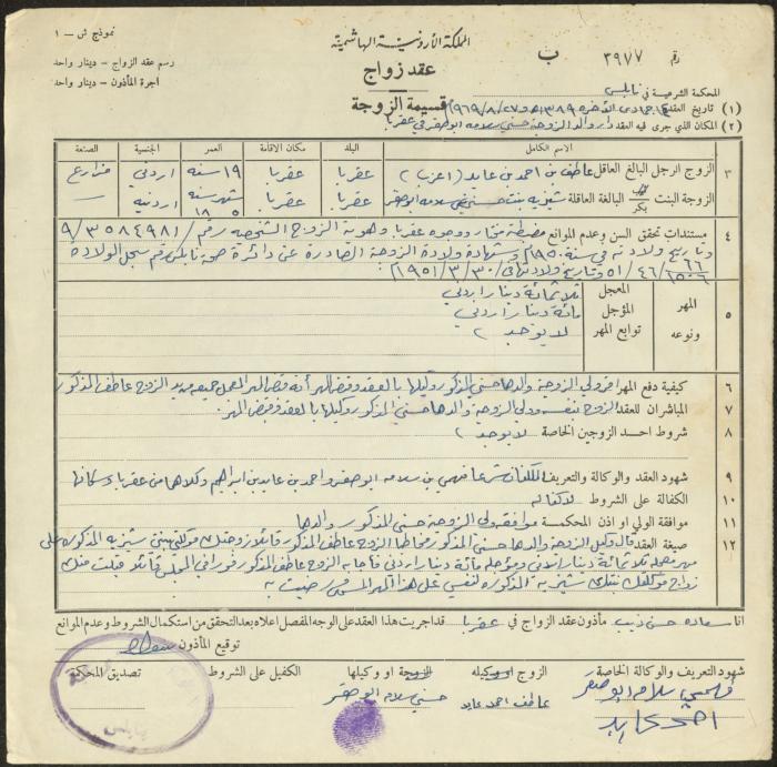 The Marriage Contract of Shezei abu Saqr and Atef Ayed, Aqraba, 27 August 1969