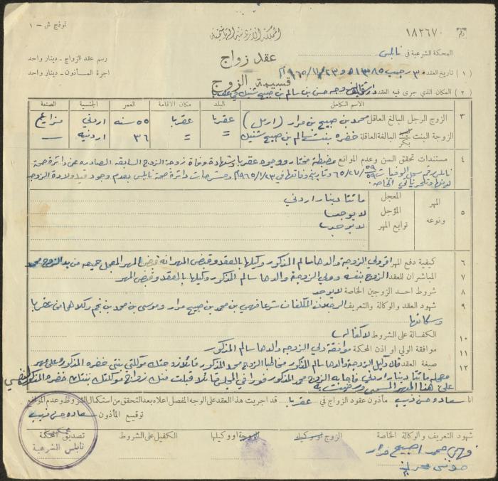 The Marriage Contract of Khadra Shunneik and Mohammad Murrar, Aqraba, 23 November 1965