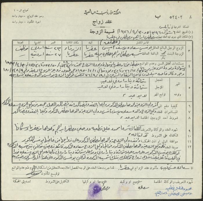The Marriage Contract of Shamseyyeh Dereyyeh and Yunis Anees, Aqraba, 30 September 1976