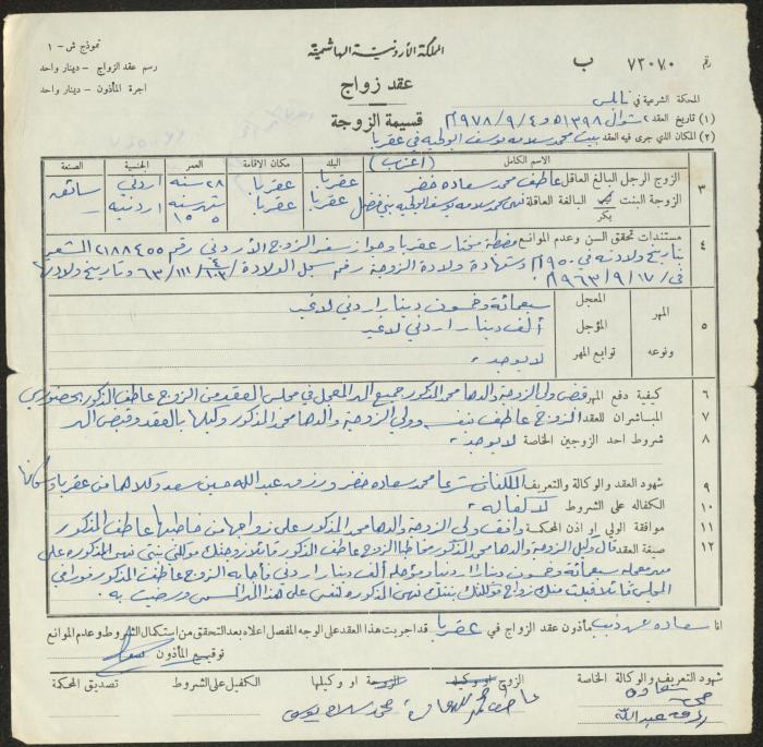 The Marriage Contract of Nuha Bani Fadel and Atef Khader, Aqraba, 4 September 1978