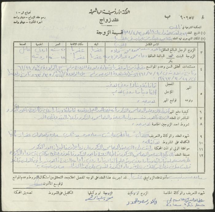The Marriage Contract of Dua Dereyyeh and Qa'oud Shehadeh, Aqraba, 3 April 1981