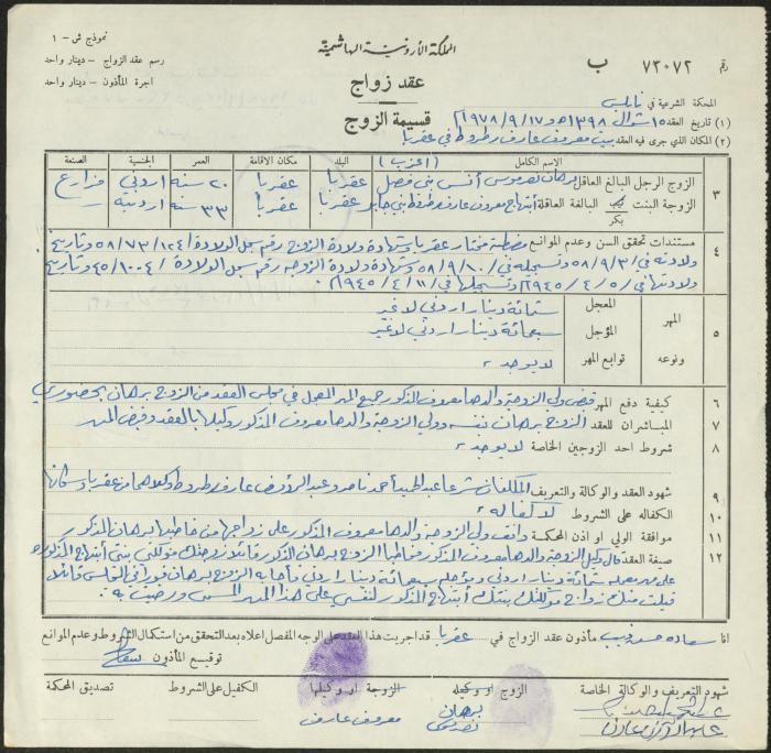 The Marriage Contract of Ibtihaj Bani Jaber and Burhan Bani Fadel, Aqraba, 17 September 1978