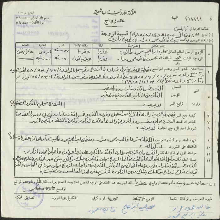 The Marriage Contract of Maha Murrar and Mujli Taleeb, Ein Yanun, 24 August 1985
