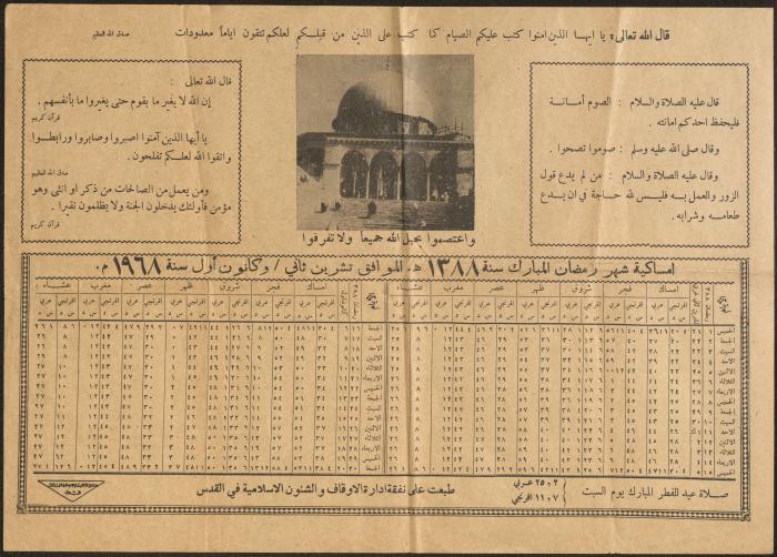 Imsakiah for the Month of Ramadan, Jerusalem, November-December 1968