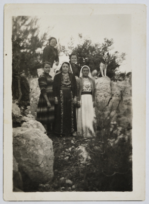 Farida and Rasmeyyeh Abdel-Majid with Other Women from the Arouri Family, Barham, 1956-1958