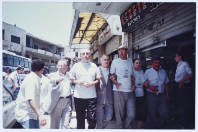Amin al-Khatib, Faisal Husseini and Saméha Khalél at a Protest in Front of the Red Crescent in Jerusalem 