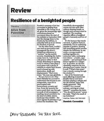 “Resilience of a Benighted People,” a Theatrical Critical Review by Dominic Cavendish, The Telegraph, 24 July 2002