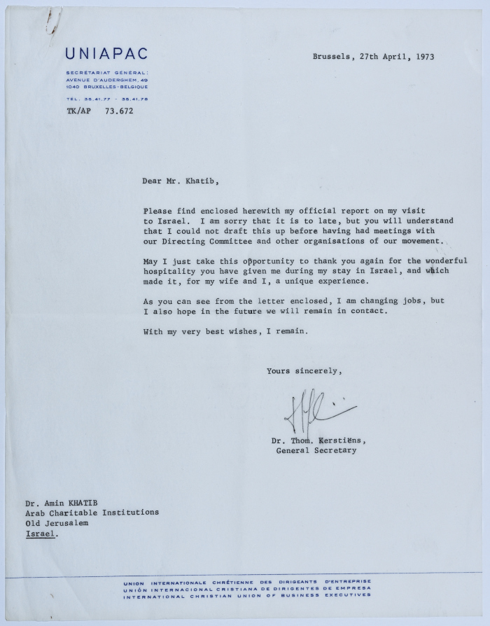 A Letter from the International Fellowship of Christian Businessmen to Amin al-Khatib 
