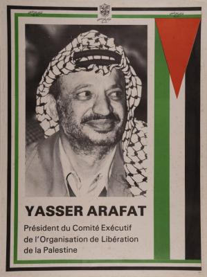 A poster titled "Yasser Arafat " was issued in 1989 by the Palestinian National Liberation Movement (Fatah).;Yasir Arafat, 1989