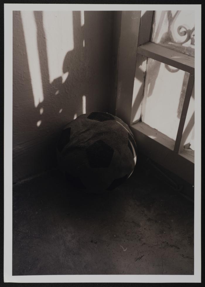 The Soccer ball of Shaheed Sami Al-Taramsi displayed at the '100 Shaheeds - 100 Lives' Exhibition, Feb 2001