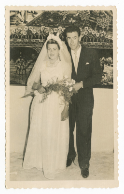 A photograph of a married couple on their wedding day