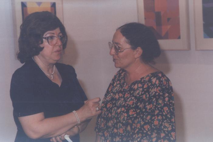 The artist Muna Saudi and the Syrian Minister of Culture Najah Attar, Damascus, 1994