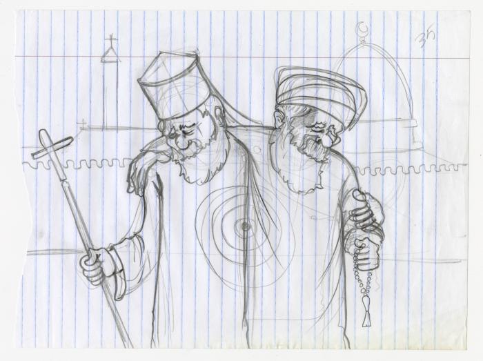 دفتر رسومات كاريكاتيرية أولية (سكتشات) للفنان محمد سباعنة، سجن النقب، حزيران 2013