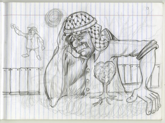 دفتر رسومات كاريكاتيرية أولية (سكتشات) للفنان محمد سباعنة، سجن النقب، حزيران 2013