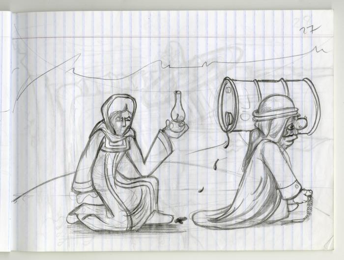 دفتر رسومات كاريكاتيرية أولية (سكتشات) للفنان محمد سباعنة، سجن النقب، حزيران 2013