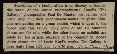 Newspaper Clipping from The Jordan Times about the Exhibition of Photographer Paul de Monter, Amman, March 2, 1976