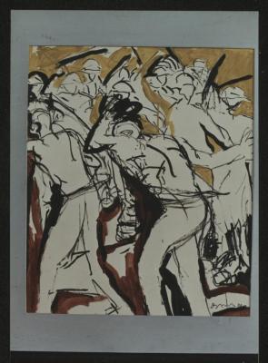 A photograph with painting "Intifada" by the Palestinian artist Osama Said 